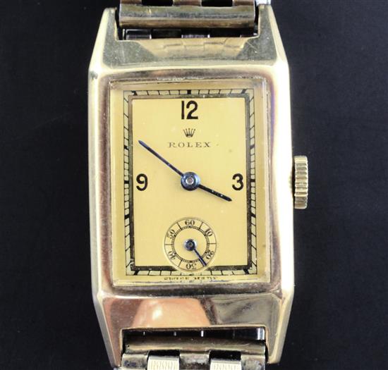 A gentlemans 1930s 9ct gold Rolex rectangular dress wrist watch,